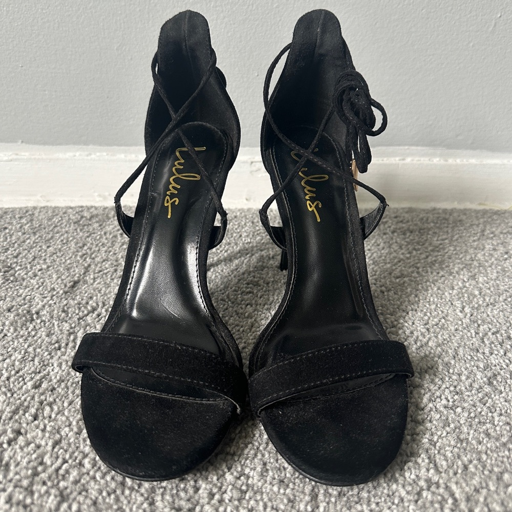 Lulus Suede Black Sandal Heel with Lace Up Strap- Size 8